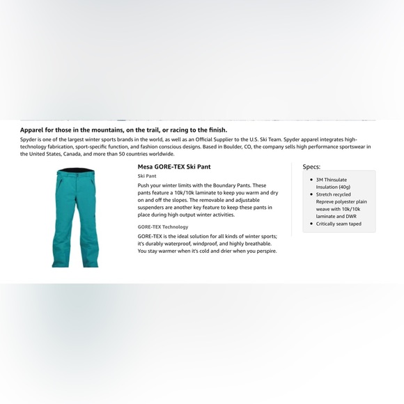 ❤️NWOT MENS SPYDER MESA GORE-TEX SKI PANTS❤️ - Picture 5 of 5